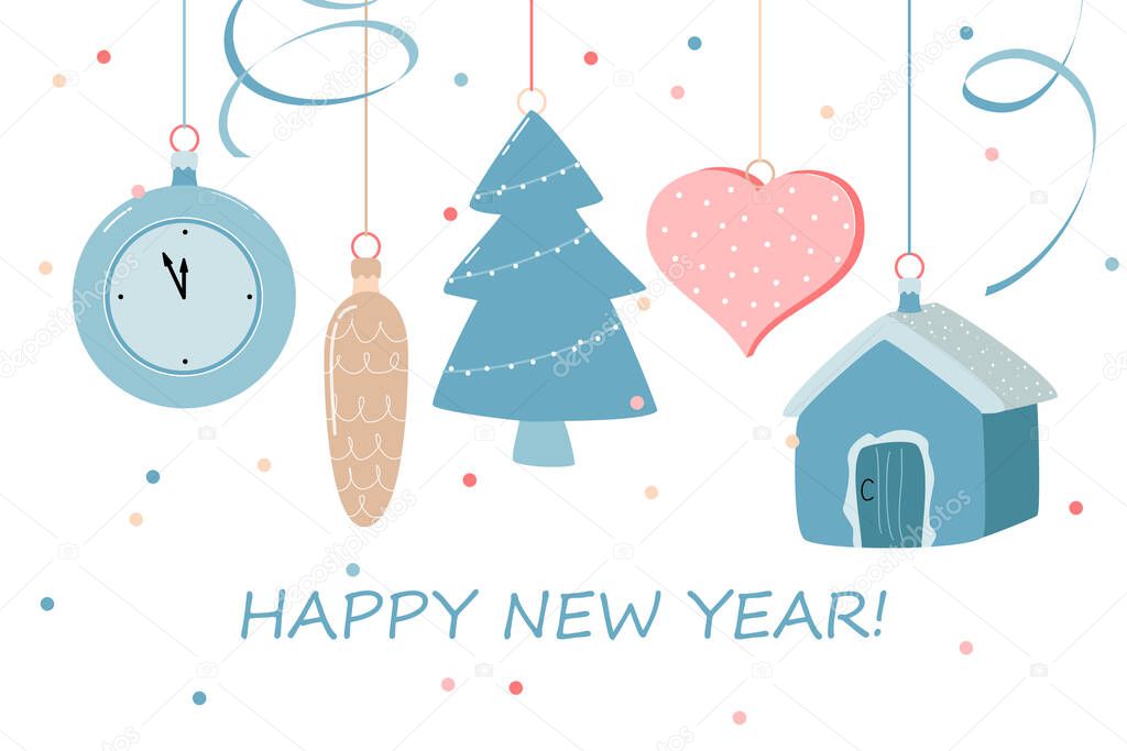 new year card with Christmas toys and confetti on a white background. vector flat illustration.