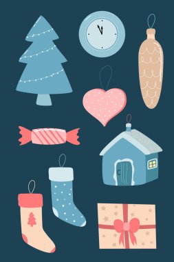 Noel hediyesi koleksiyonu. Vektör çizimi. Noel süsleri, saatler ve Noel çorapları..