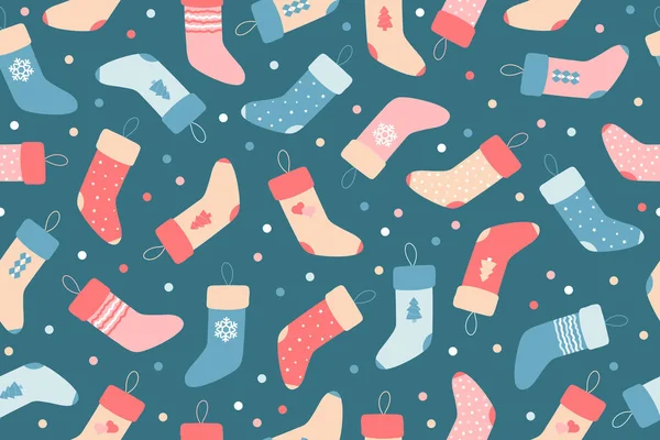 Seamless Pattern Christmas Socks Confetti Bright Festive Background Vector Color — Stock Vector