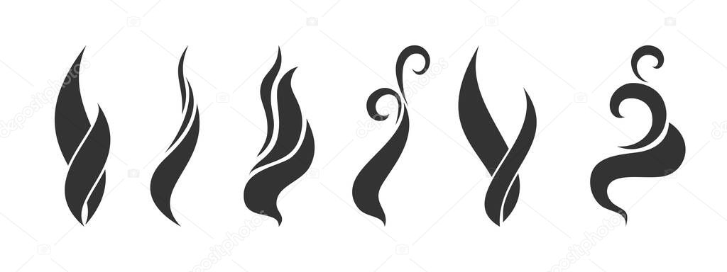 Logo smoke, steam, smell. collection of black icons. vector illustration. swirls in the air.