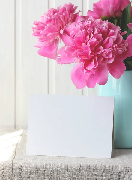 Bouquet Pink Peonies Empty Card Garden Flowers Glass Vase Mockup — Stock Photo, Image