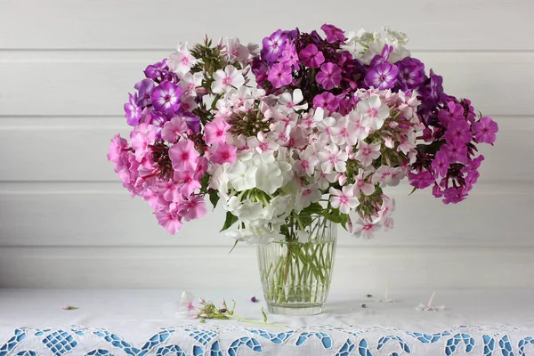 Bouquet Phlox Glass Vase Table Bright Summer Composition — Stock Photo, Image