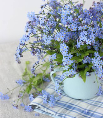 Bir buket mavi unutma beni, yumuşak bir yaz görüntüsü. seçici odak.