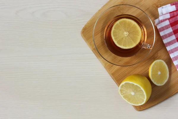 Tee Mit Zitrone Auf Dem Tisch Draufsicht Flach Lag Leerraum — Stockfoto