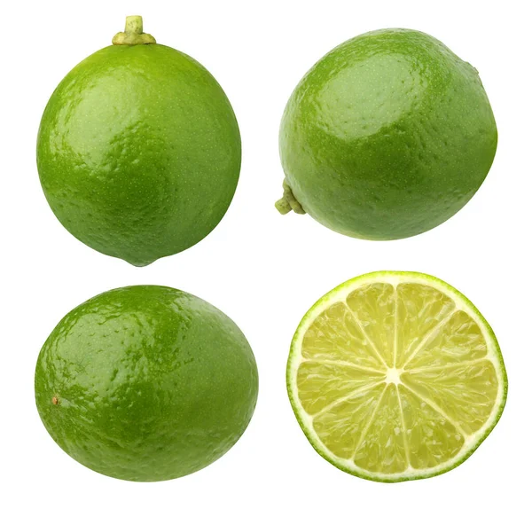 Wapno Wyizolowane Białym Tle Ścieżką Wycinania Zbiór Zielonych Owoców Cytrusowych — Zdjęcie stockowe