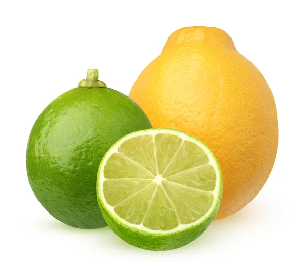 Odizolowana Limonka Cytryna Półtora Limonki Cytryny Odizolowane Białym Tle Ścieżką — Zdjęcie stockowe