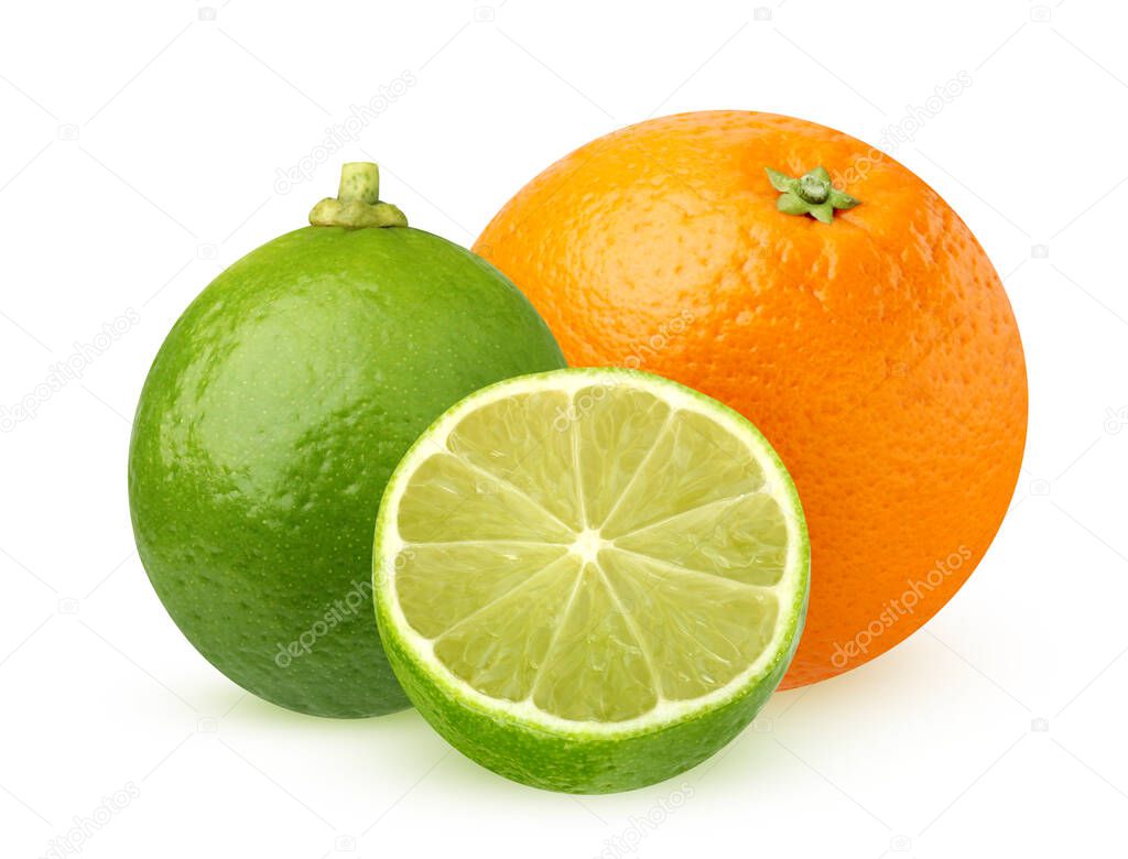 isolated lime and an orange. one and a half limes and an orange isolated on a white background with a clipping path. citrus fruit.