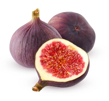 İzole incirler. Kesme yolu olan beyaz bir arka planda iki tam ve yarım incir. mor meyve.