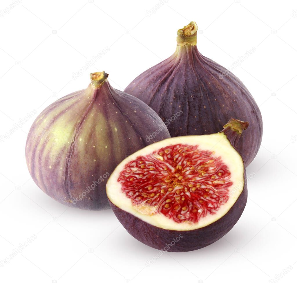 isolated figs. two whole and half figs isolated on a white background with a clipping path. purple fruit.