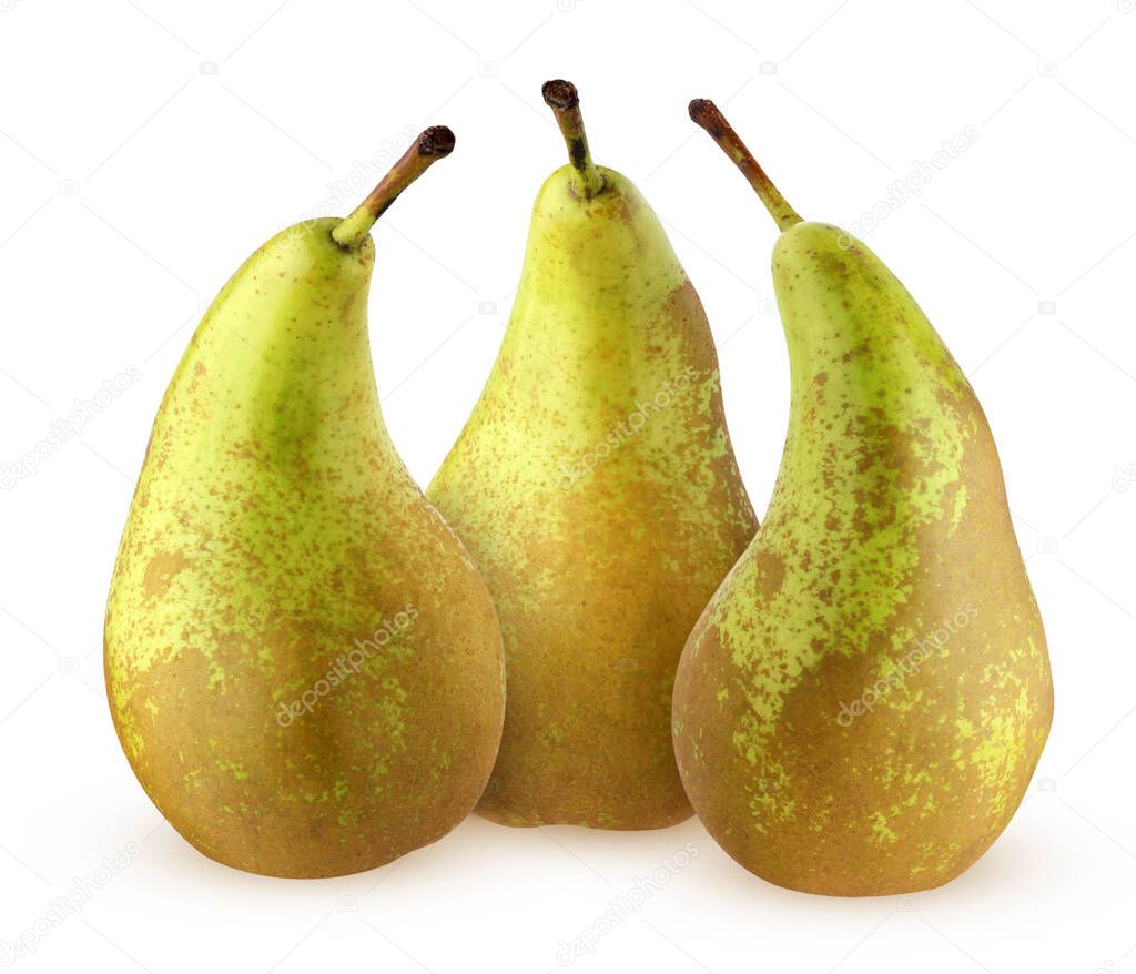 pears isolated on a white background with a clipping path. three whole fruits. pear conference.