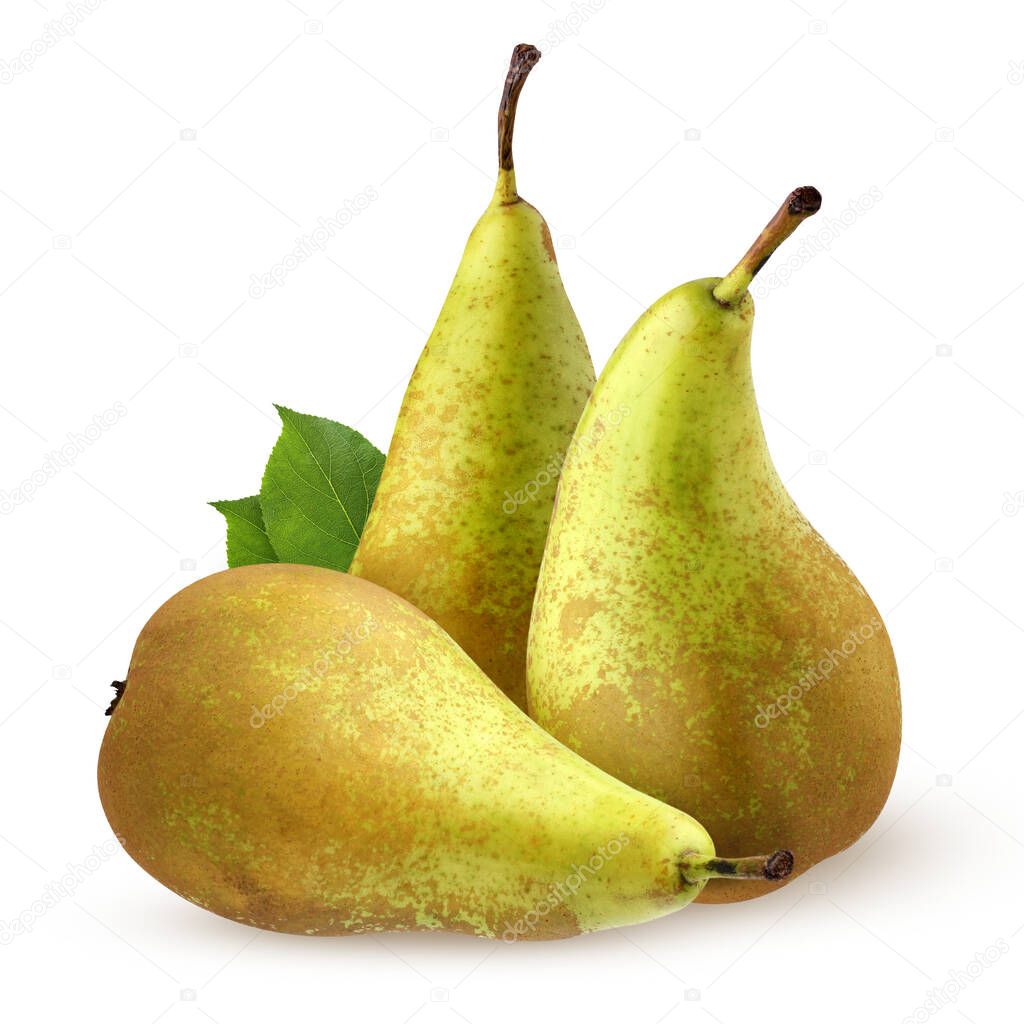 pears isolated on a white background with a clipping path. three whole fruits with leaves.  pear conference.