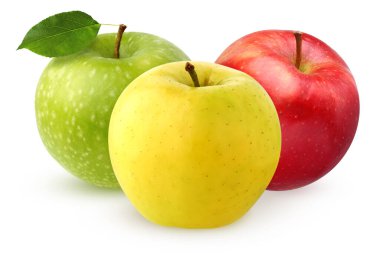 Beyaz arka planda üç Apple izole edilmiş. Gölgeli meyveler. sarı, kırmızı ve yeşil elmalar.