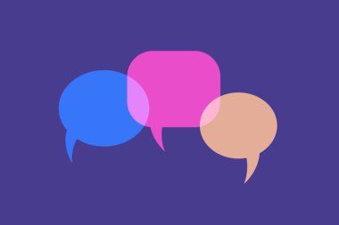 Parlak mor bir arkaplanda üç boş ifade kabarcığı. Vektör çizimi. Kelimeler bulutları, mesajlar. Tartışma, konuşma.