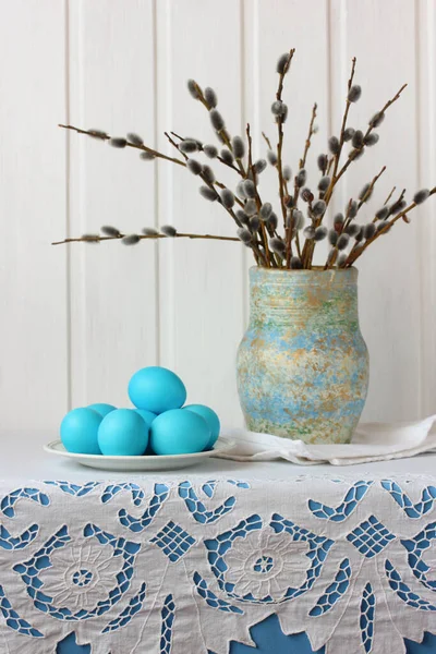 Easter Composition Willows Vase Blue Eggs Plate Table Tablecloth Lace —  Fotos de Stock