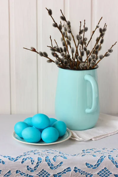 Easter Composition Willows Enameled Jug Blue Eggs Plate Christian Tradition — 스톡 사진