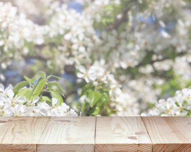 Yay şablonu, arkaplan, düzen. Çiçek açan bir bahçenin arka planında boş bir ahşap masa, beyaz çiçekli dallar. Mutfak tezgahı.