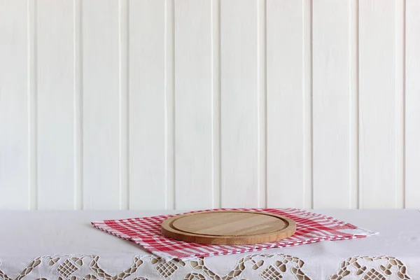 Rustieke Lichte Achtergrond Mockup Met Een Lege Tafel Snijplank Keuken — Stockfoto