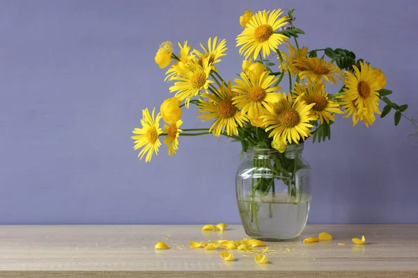 紫色の背景に黄色の崩壊花束 テーブルの上のガラス瓶の庭のデイジー — ストック写真