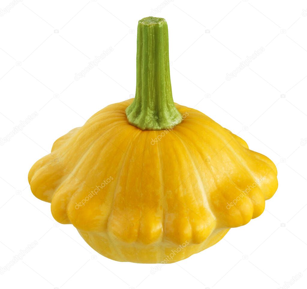 Patisson squash isolated on white background with a clipping path. one whole yellow vegetable with a green petiole.