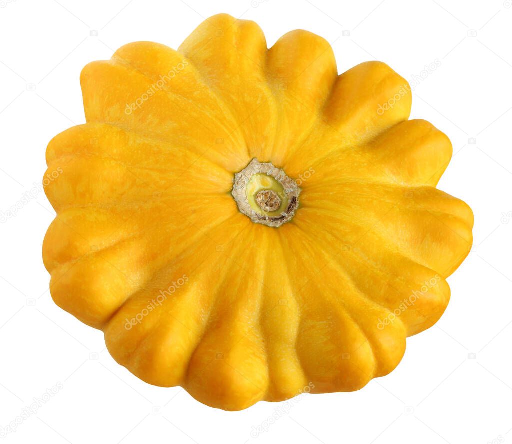 Patisson squash isolated on white background with a clipping path. one whole yellow vegetable with a green petiole.