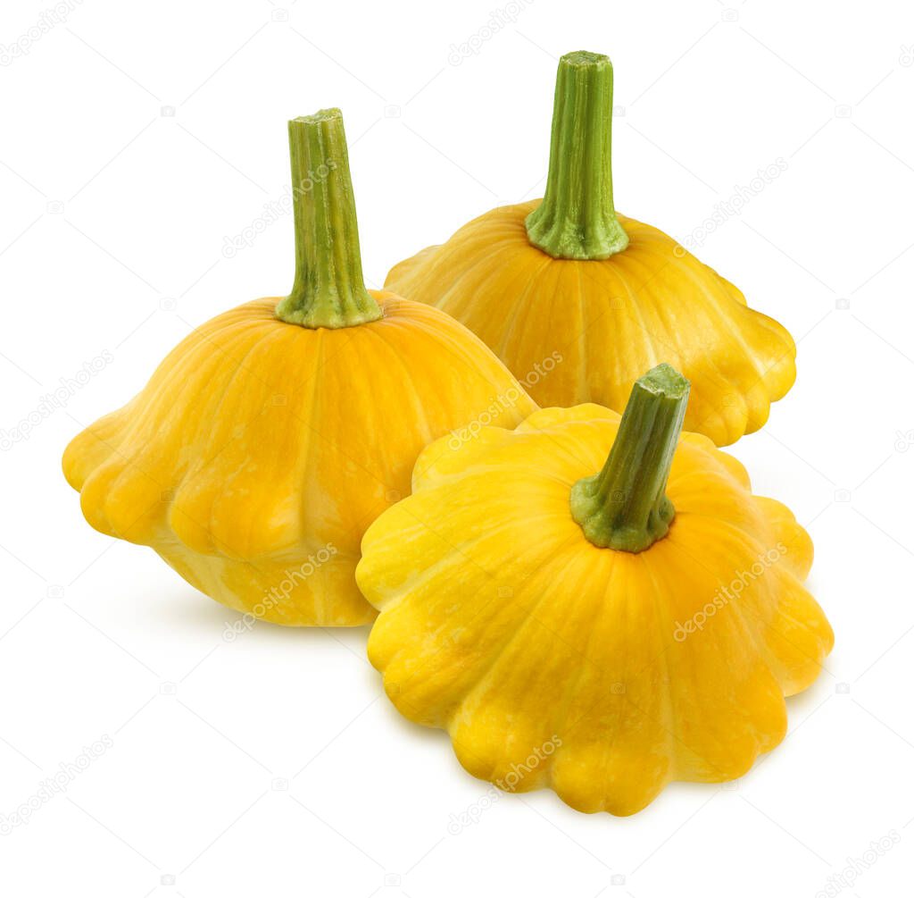 three yellow patissons isolated on a white background with a clipping path. whole vegetable.