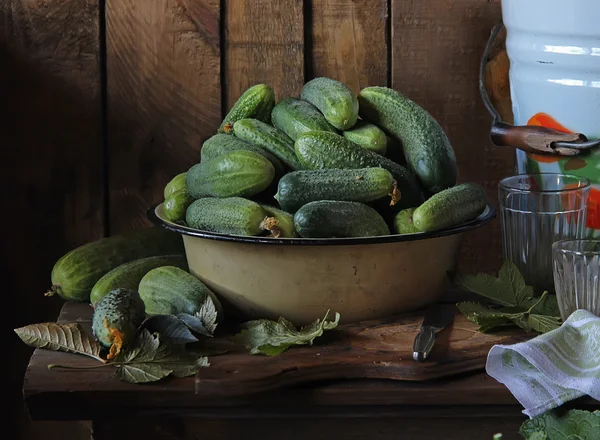 Gurken in einer großen Schüssel auf einem Tisch — Stockfoto