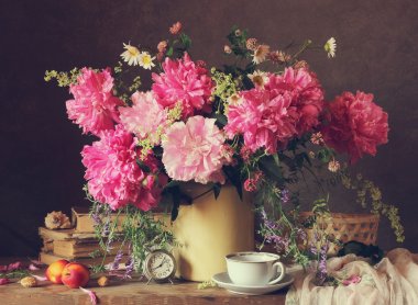 Still life with a bouquet of peonies. clipart