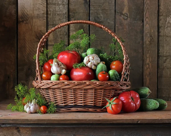 Korg med gurkor och tomater. Ett Stilleben med gurkor, tomater, vitlök och fänkål. Grönsaker i en korg. Saltning av gurkor och tomater. — Stockfoto