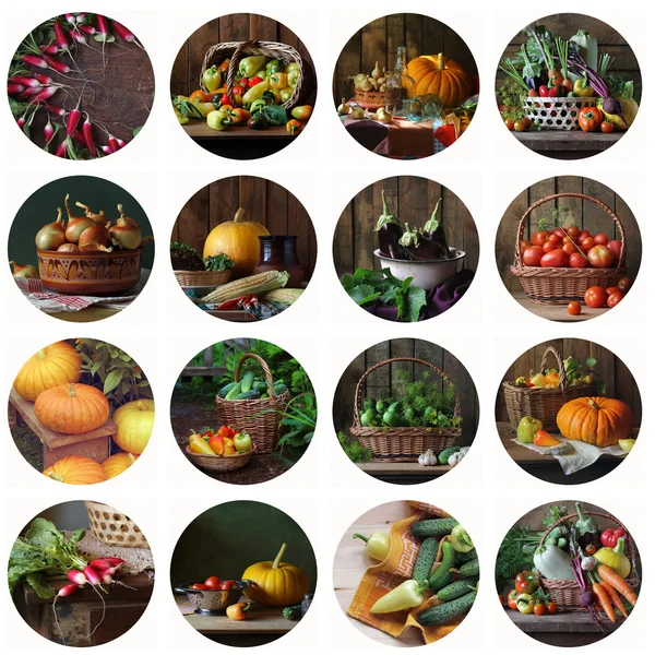 Collage van stillevens met fruit en paddestoelen. Voedsel. — Stockfoto