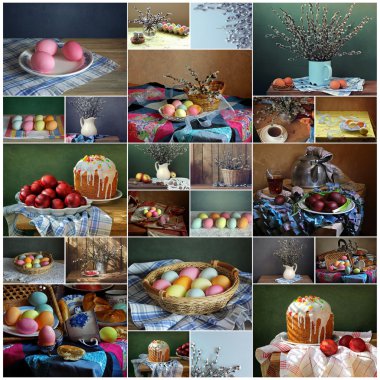 Collage from still lifes by a holiday Easter: Easter cake, Easter eggs, willow. clipart