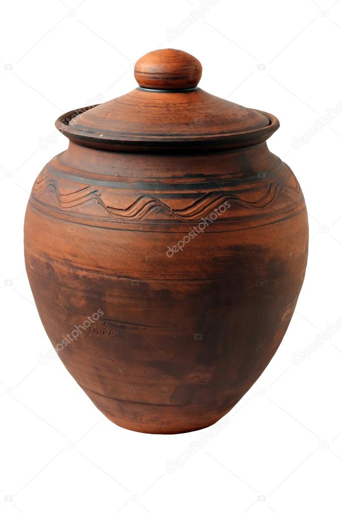 Clay pot with a cover on the white isolated background.