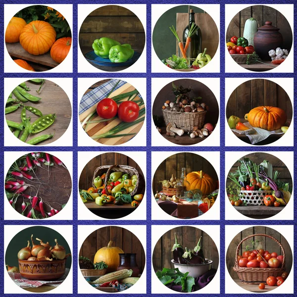 Collage van stillevens met fruit en paddestoelen. — Stockfoto