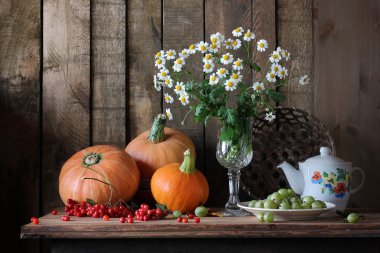 Natürmort camomiles, kabak ve çilek ile