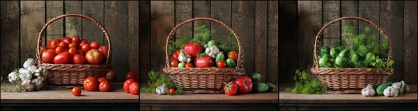 Uma colagem de naturezas mortas com verduras em uma cesta . — Fotografia de Stock