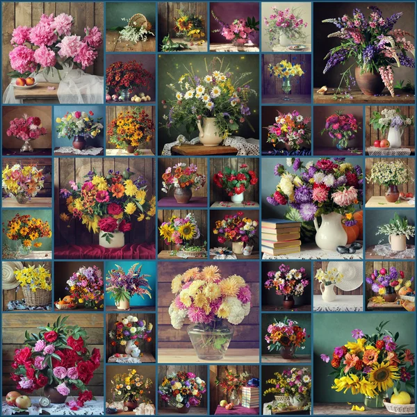 Collage aus Stillleben mit Blumensträußen — Stockfoto