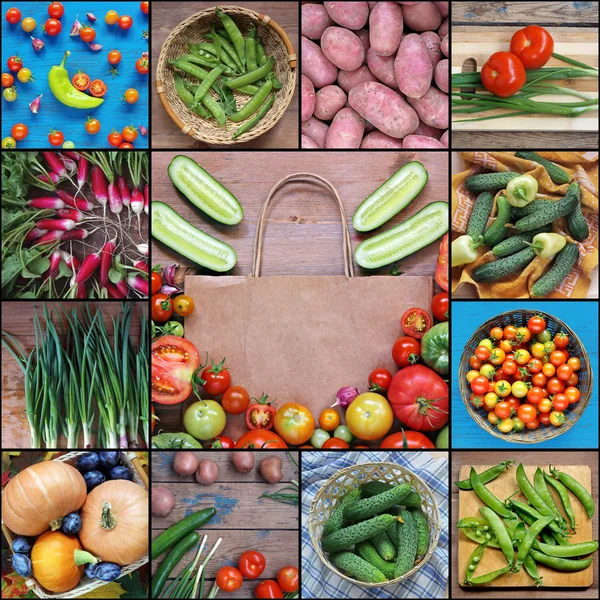 Colagem de naturezas mortas com verduras, a visão superior . Fotografia De Stock