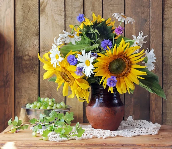 Stillleben mit Sonnenblumen, Kamille und Stachelbeere. — Stockfoto