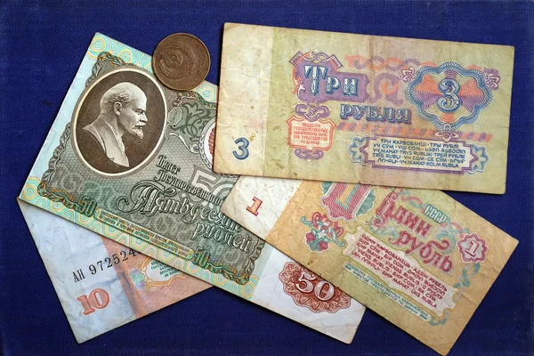 Radziecki banknotów: 1 rubli, 3 rubli, 10 rubli, 50 rubli, 3 ko — Zdjęcie stockowe