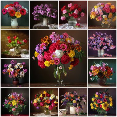 Collage from still lifes with bouquets. Flower background. clipart