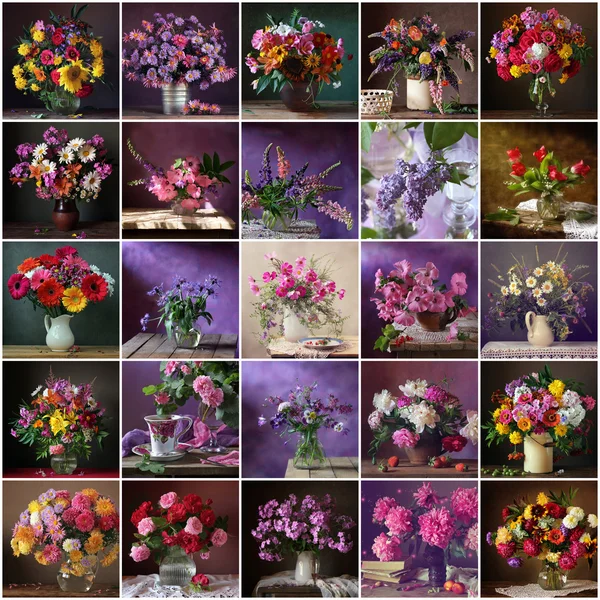 Collage aus Stillleben mit Blumensträußen. Blume Hintergrund. — Stockfoto
