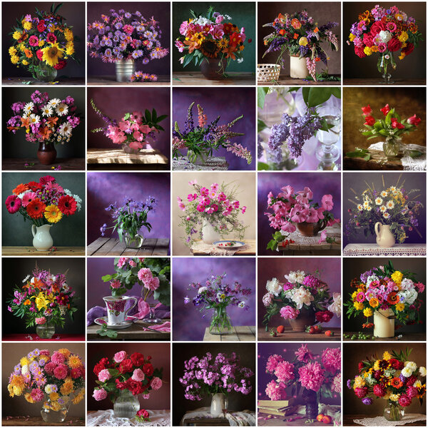 Collage from still lifes with bouquets. Flower background.