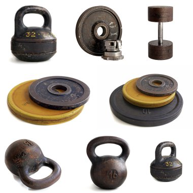 Spor ekipmanları: 32 kg, 16 kg, diskler, bir dumbbell ağırlığı