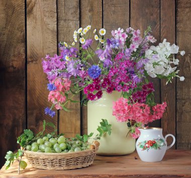 Yaz natürmort phloxes ve bir bektaşi üzümü bir buket.