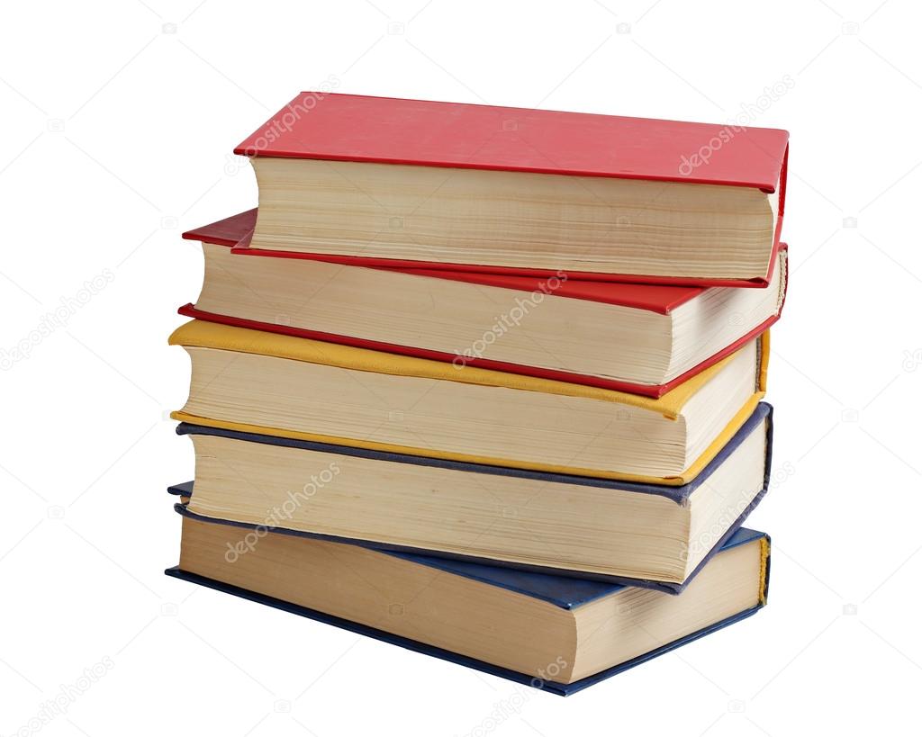 Books in color covers on a white background.