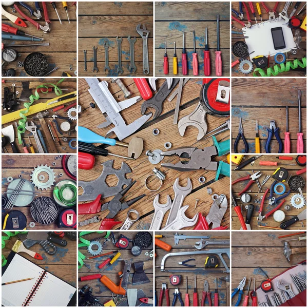 Tools on a timber floor. Collage. — Stock Photo, Image