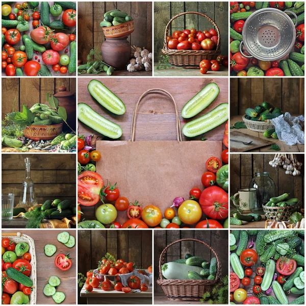 Collage van stillevens met komkommers en tomaten. Voedsel. — Stockfoto