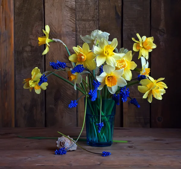 Narcissuses mavi bir cam ile natürmort. — Stok fotoğraf