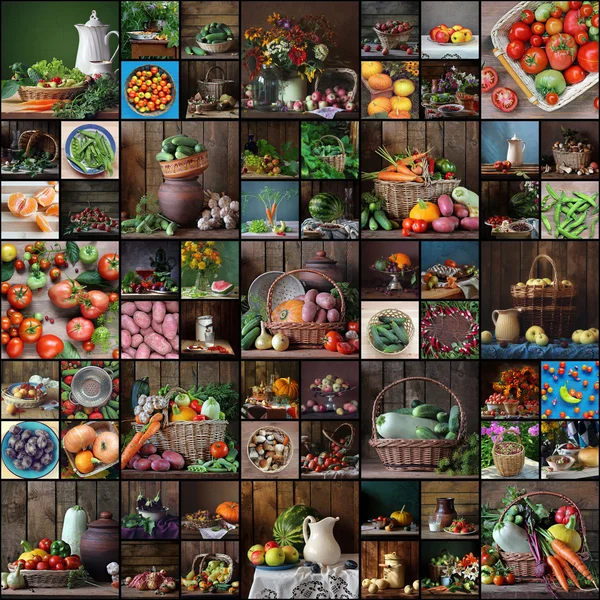 Collage de natures mortes avec fruits et légumes . — Photo