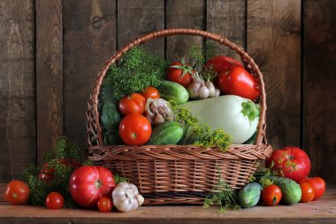 Sebze bir sepeti. Salatalık ve domates Tuzlama.