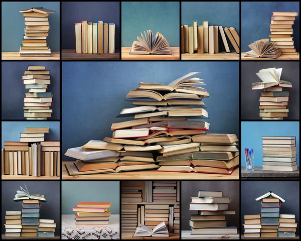 Collage aus Bildern mit Büchern auf blauem Hintergrund — Stockfoto